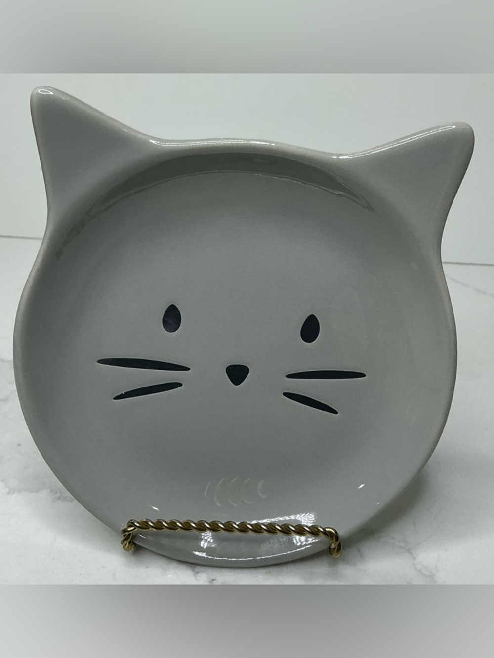 Signature Ceramic Bowl Cat Face Shaped Trinket Dish Gray New